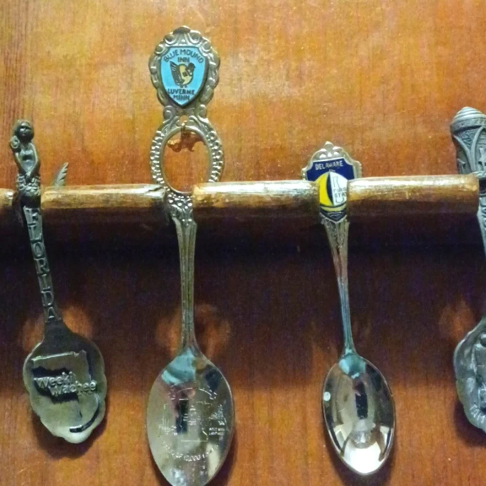 Vintage Florida Souvenir Spoon Set of 11 with Hanging Display Rack Busch Garden